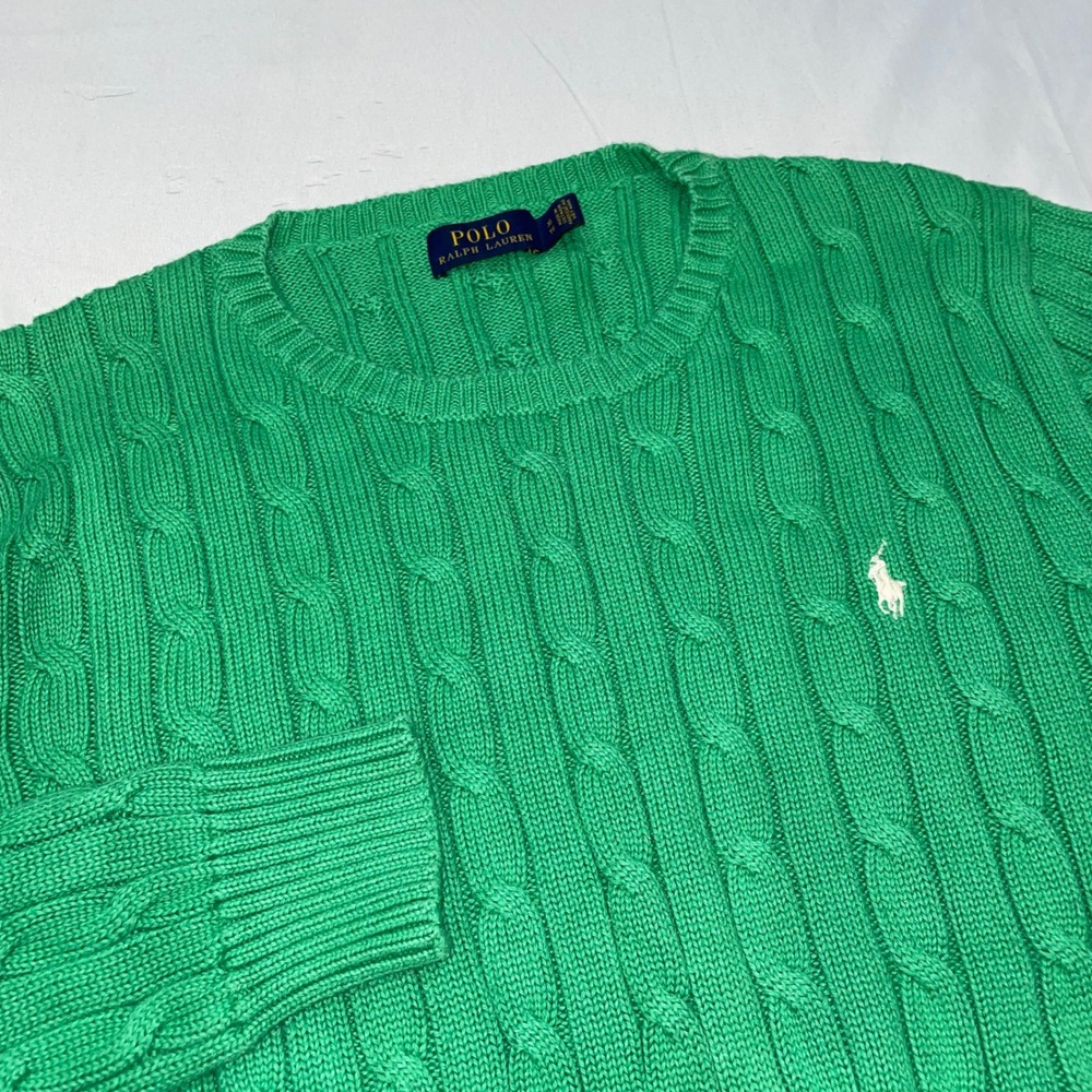 Polo Ralph Lauren Women Green Cable Knit Cotton Crew Neck Sweater XL Pony Logo